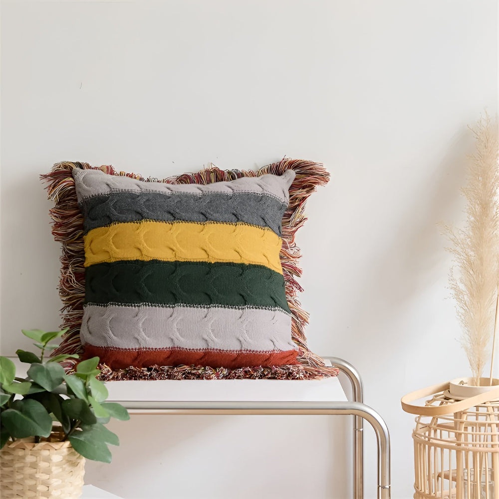 AuroraWeave Textured Knit Cushion in Colorful Autumn Hues